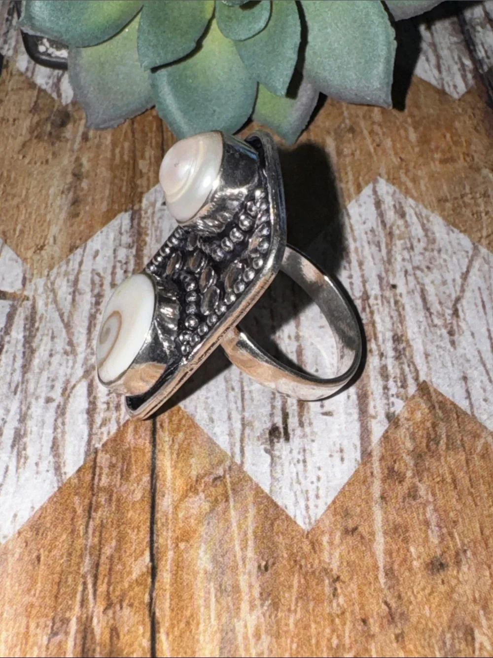 Silver Shell & Pearl Accent Ring
